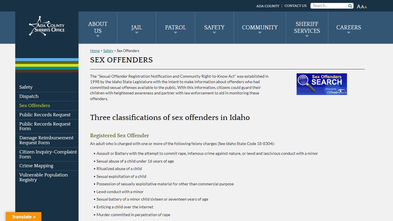 Sex Offenders - Ada County Sheriff Ada County Sheriff